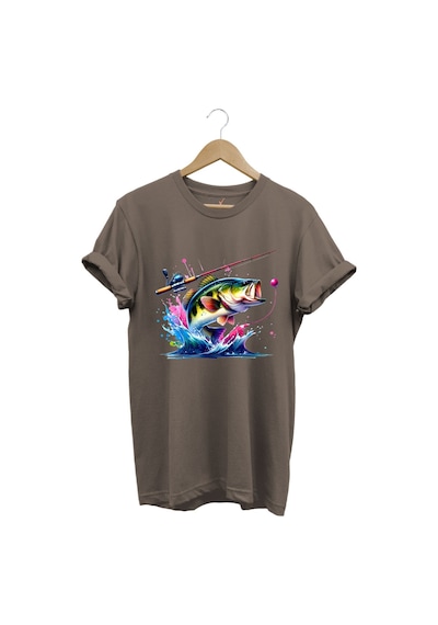 Fishing Balıkçılık Renkli Levrek Balığı Baskılı Avcılık %100 Pamuk Regular Fit Unisex T-shirt Kahverengi