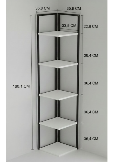 Ela 5 Raflı Metal Köşe Kitaplık Rafı Dekoratif Aksesuar Rafı 180 Cm Siyah - Beyaz