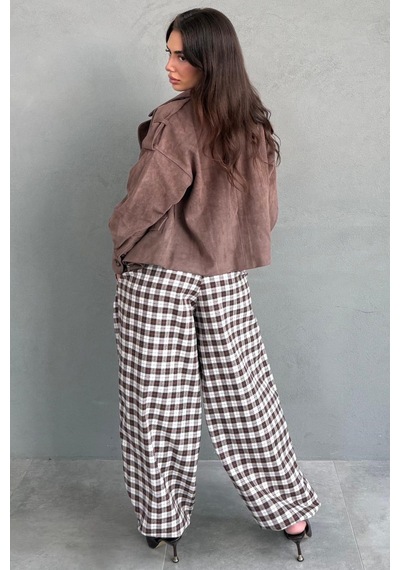 Madmext Kahverengi Ekose Desenli Beli Lastikli Balon Pantolon Mg2905