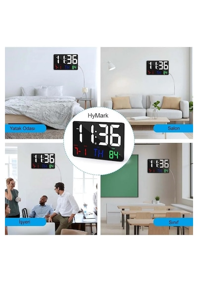 Yenilz Dijital Duvar Saati Renkli Hd Led Ekran 25x16 Cm Tarih Gün Siyah