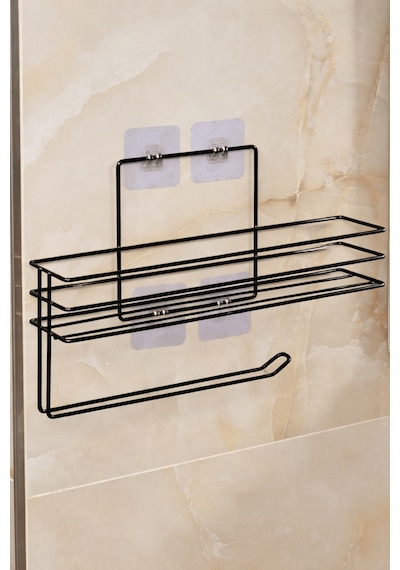 Siyah Modern Banyo Rafı Yapışkanlı Duş Organizer Kağıt Havluluk