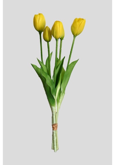 Sarı Yapay Tulipa Lale Çiçeği Buketi 5 Dallı Premium Canlı Islak Dokulu 43 Cm