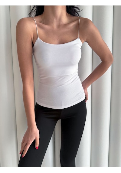 Beta Moda Hub Kadın İp Askılı Uzun Crop - Beyaz Renkli