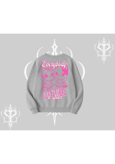 Startmore Born To Be A Star Yazılı Sevimli Kedi Arka Baskılı Biskilet Sweatshirt Gri