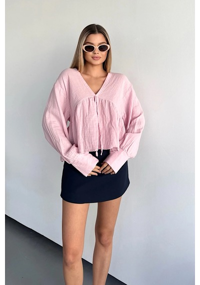 Jee Lee Kadın V Yaka Bağlama Detaylı %100 Pamuklu Bluz Pembe - 26y 1003 Pembe