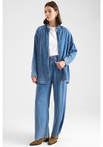 Olcay Fermuar Kapamalı Bağcık Detaylı Soft Denim Ceket Pantolon İkili Takım Mavi 9468-tk