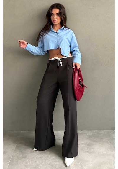 Madmext Acı Kahve Çift Bel Bantlı Wide Leg Kadın Pantolon Mg2551 Acı Kahverengi