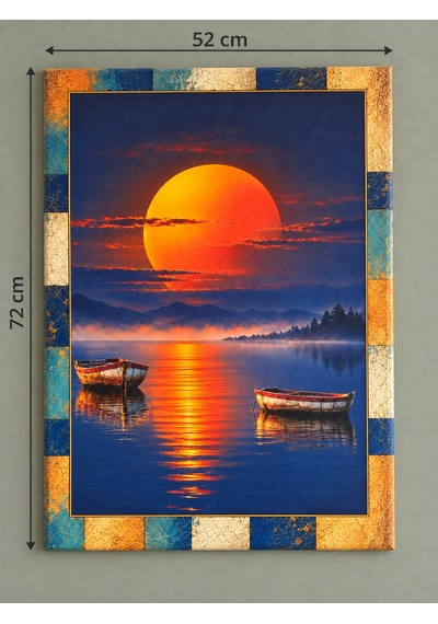 Renk Bloklu Eskitme Çerçeve Desenli Kızıl Günbatımı Ve Sandal Temalı Dekoratif Ahşap Tablo 52x72 Cm