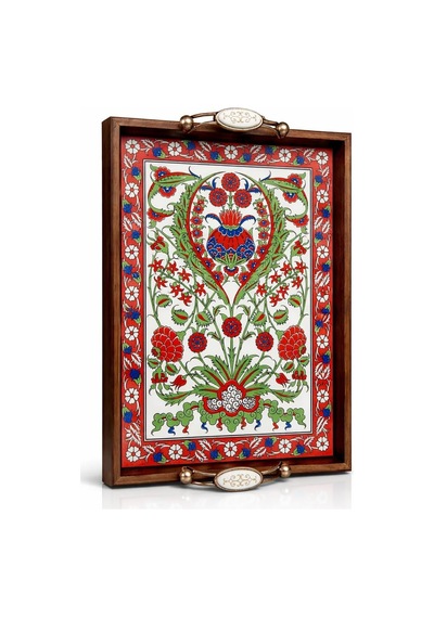 Tr Geleneksel Kütahya Çini Desenli Ahşap Servis Tepsisi Çiçekli, El Yapımı Seramik Yüzey, 42x27 Cm, Dekoratif Su Diğer