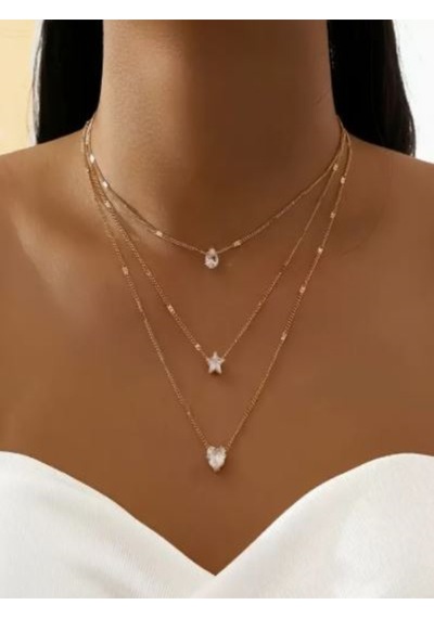 Altın Rengi 3 Sıralı Taşlı Kombin Kolye-14k Altın Kaplama Altın