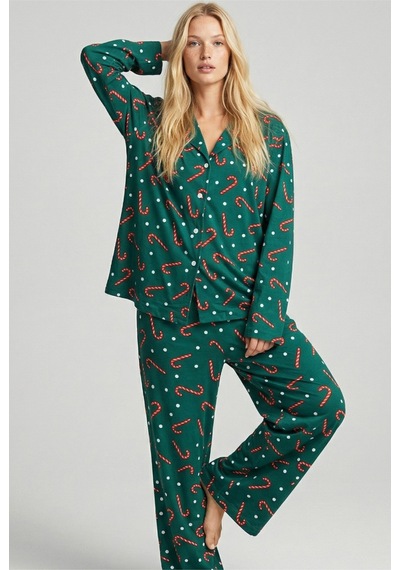 Siyah İnci Örme Düğmeli Pijama Takımı 7602 Yeşil Baston