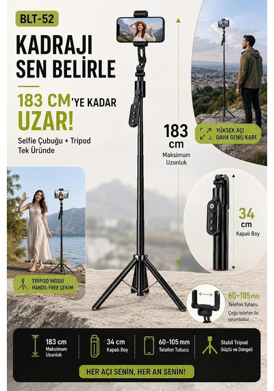 Tr Selfie Çubuğu Ve Tripod Aı Akıllı Takip Özellikli, 183 Cm Uzayabilir, 360 Yüz Ve Vücut Takibi, Bluetooth 5.2 Genel