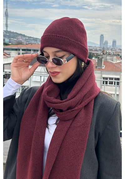 Mollycrush Kadın Kışlık Bordo Atkı Bere Seti Şık Örgü Set Bordo