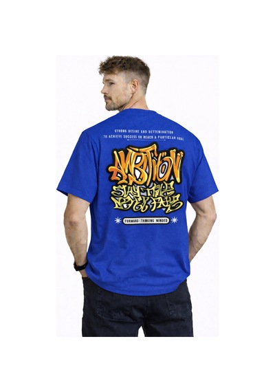 Herkesemoda Ön Ve Arka Yazı Detaylı Basic T-shirt Mavi
