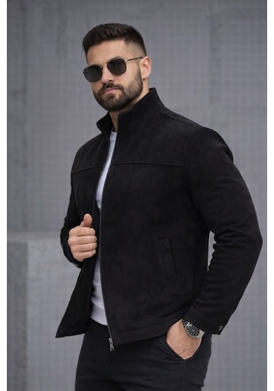 Baselco Slim Fit Dik Yaka Mevsimlik Süet Ceket Siyah