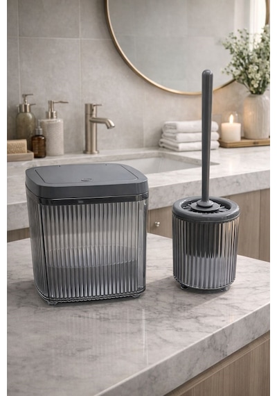 Banyo Çöp Kovası Ve Wc Fırçası Seti Modern Ve Şık Banyo Aksesuarları 2li Set Antrasit