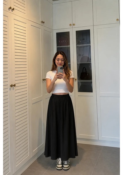 Kadın Siyah Poplin Kumaş Uzun Etek Beli Lastikli Günlük Maxi Etek 90 Cm