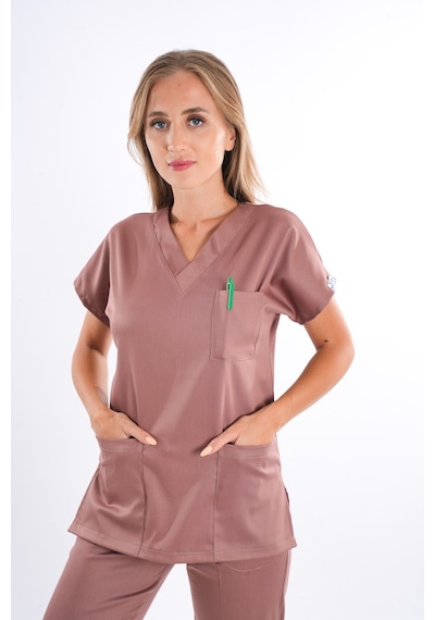 Unisex Elit Likra Sütlü Kahve Hemşire Ve Doktor Üniforma Takımı Scrubs Kahverengi
