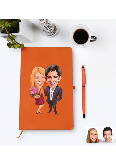 Kişiye Özel Sevgililer Karikatürlü Turuncu Termo Deri Defter Kale N11.2262