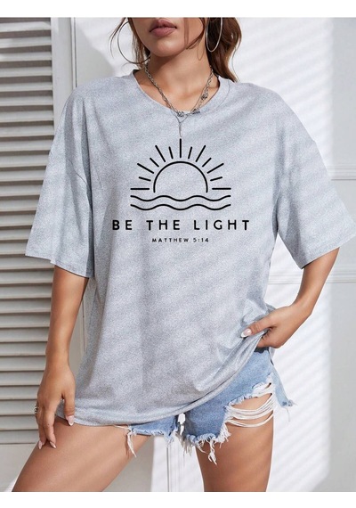Be The Lıght Kadın Renkli Özel Baskılı Oversize Süprem Bisiklet Yaka T-shirt Gri-283816