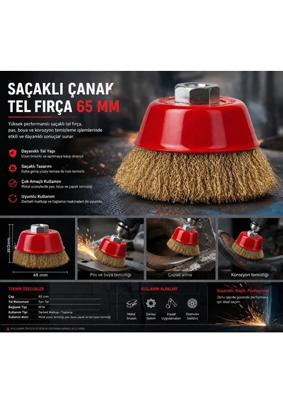 Saçaklı Çanak Tel Fırça, Pirinç Telli, 65 Mm, Taşlama Makinesi İçin