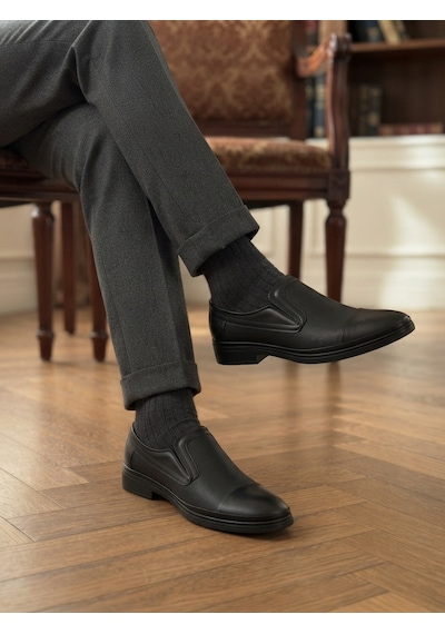 Baloğlu Siyah Lazerli Hakiki Deri Bağcıksız Günlük Klasik Erkek Ayakkabı