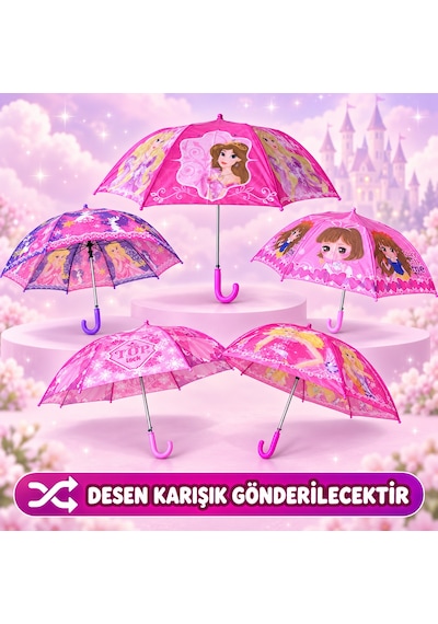 Mubx 8 Telli Desenli Kız Çocuk Şemsiyesi Çocuk Okul Şemsiyesi Pembe
