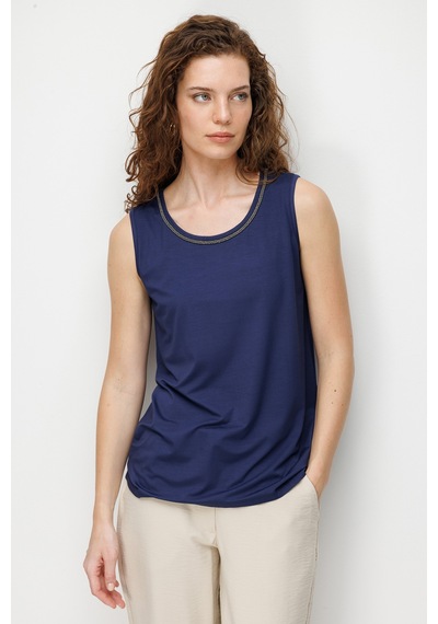 Desen Triko Kadın Sıfır Yaka Yaka Kenarı Zincirli Askılı Penye T-shirt 26708 Lacivert Lacivert