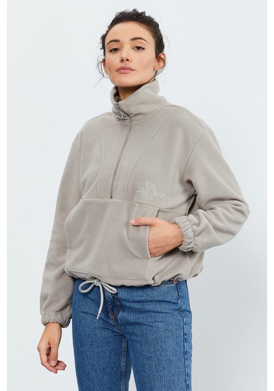 Tommy Life Koyu Bej Yarım Fermuar Etek Ucu Büzgülü Kadın Polar Oversize Sweatshirt - 97171 Koyu Bej