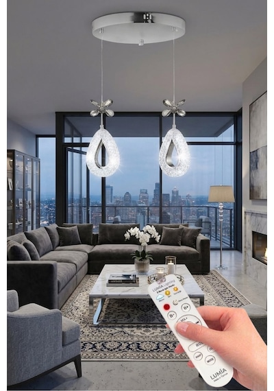 LumiaLighting Damla Model 2'li Gümüş Kumandalı 3 Renk Modu Ledli Kristal Taşlı Modern Salon Mutfak Oturma Odası Led Avize Metalik