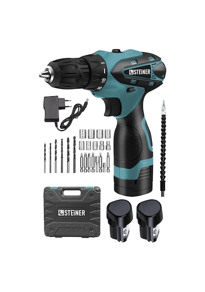 Steiner 36 V Sjs Çift Metal Şanzıman Çift Akülü Şarjlı Vidalama Matkap + 24 Parça Set Mavi