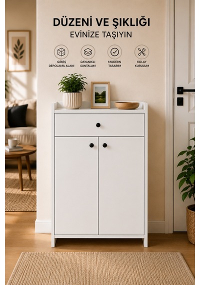 Elegans Çok Amaçlı Ayakkabılık Dolabı Çekmeceli 3 Raflı Beyaz 90x60x35 Cm Beyaz Beyaz