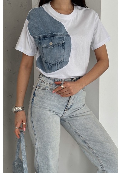 Femelle Kadın Beyaz Denim Kot Detaylı Cepli Tasarım Pamuklu Tişört