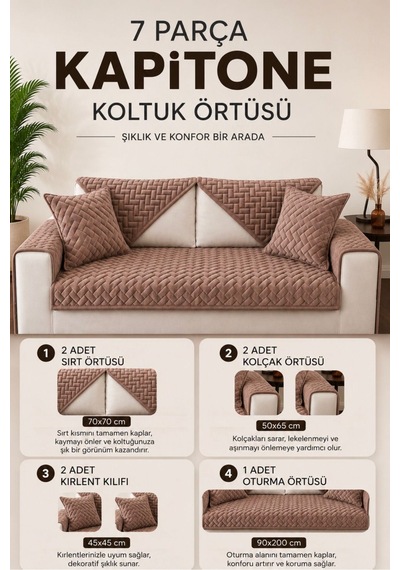 7 Parça Kaymaz Taban Kapitone 3 Lü Koltuk Çekyat Kanepe Örtüsü Kahverengi Kahverengi
