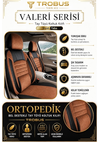 Bmw 3 Serisi E36 1993-2000 Uyumlu Valeria Serisi Taba Siyah Bel Destekli Tay Tüyü Koltuk Kılıfı