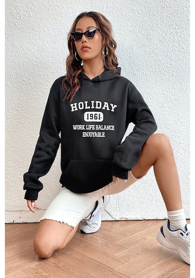 Uyguntarz Holiday Baskılı Unisex Oversize Sweatshirt siyah