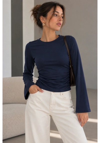 Bb Butik Basic Yan Büzgülü İspanyol Kol Basic Kadın Bluz My3535 Lacivert