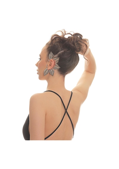 Kadın Gümüş Renk Lak Kaplama Zirkon Taşlı Dokulu Yaprak Stilizesi Sol Kulak Earcuff&kıkırdak Küpe Çok Renkli
