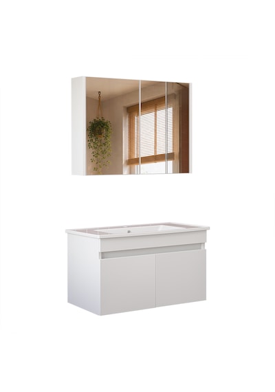 Lavabolu Mdf 80 Cm Banyo Alt Dolabı + Aynalı Üst Dolabı , Banyo Dolabı Takımı Beyaz