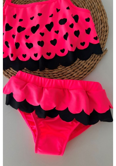 Minigimin Cicileri Kalp Desenli Fırfırlı Kız Çocuk Bikini Takımı - Fuşya