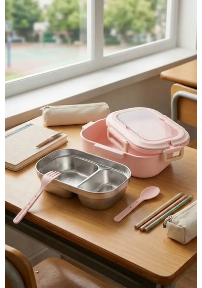 2 Bölmeli Kaşık Çatallı Paslanmaz Çelik Yemek Kabı Lunch Box Sefer Tası Beslenme Kabı Pembe