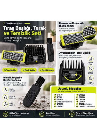 Oneblade Uyumlu Tıraş Başlığı Tarak Ve Temizlik Fırçası Seti Qp2520 Qp2510 Qp2620 Qp6505 Qp6520 Qp26