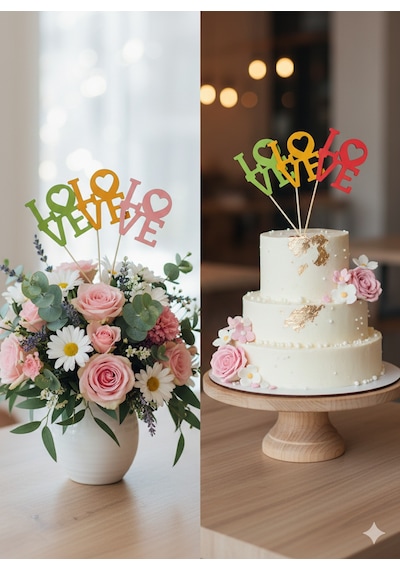 Kırmızı Ahşap Love Yazılı Pasta Ve Çiçek Süsü - Düğün, Yıldönümü Ve Doğum Günü Dekoratif Süs, 5'li Paket