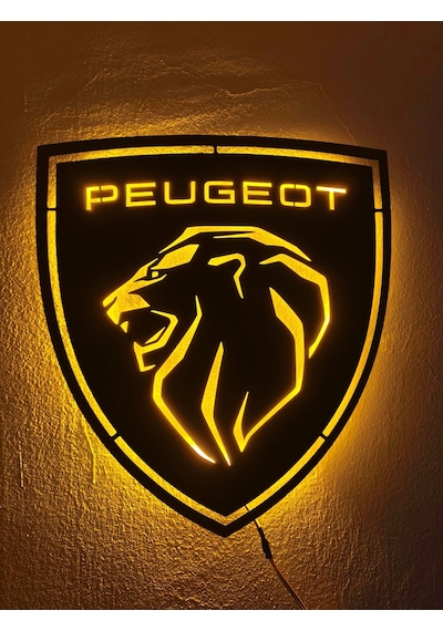 Motto Dekor Metal Amber Led Işıklı Peugeot Armalı Pejo Armalı Duvar Dekoru Duvar Aydınlatması Siyah