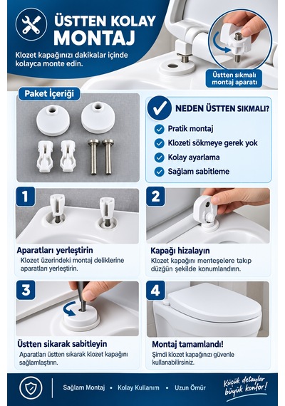 Kare Form Klozet Kapağı 35x43 Cm Soft Close Yavaş Kapanır Üstten Sıkmalı Beyaz