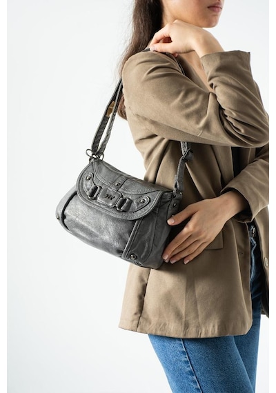 Baginn Yıkama Deri Günlük Kadın Postacı Çanta Çapraz Askılı Omuz Çantası Suni Deri 26 20 Cm Kapaklı Model Gri