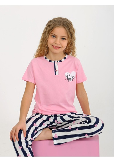Kız Çocuk Kısa Kollu Düğme Detaylı %100 Pamuklu Pijama Takımı Princess Heart Koyu Pembe Kız Çocuk Kısa Kollu Düğme Detaylı %100 Pamuklu Pijama Takımı Princess Heart Koyu Pembe