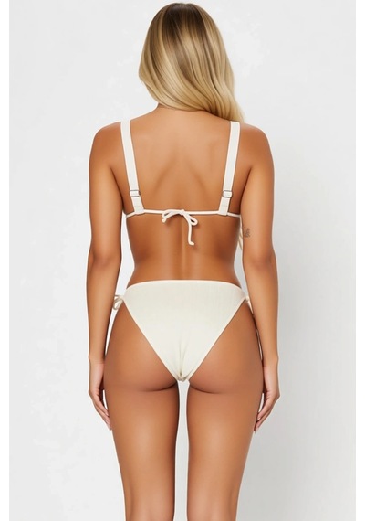 Benerly Kadın Bikini Takımı Üçgen Kesim Kapsız Üst Yüksek Bel Bağlamalı Y Ekru