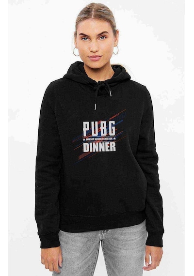 Chicken Dinner Baskılı Siyah Kadın Kapşonlu Sweashirt (528756131)