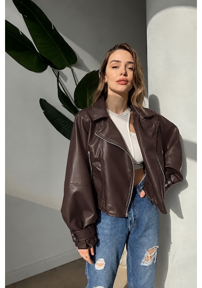Genel Markalar Kadın Bordo Oversize Deri Ceket Bordo Bordo